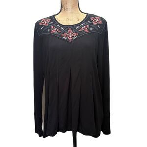 Alchemy Thread Embroidered Thermal Top Bohemian Black Waffle Knit Size Large